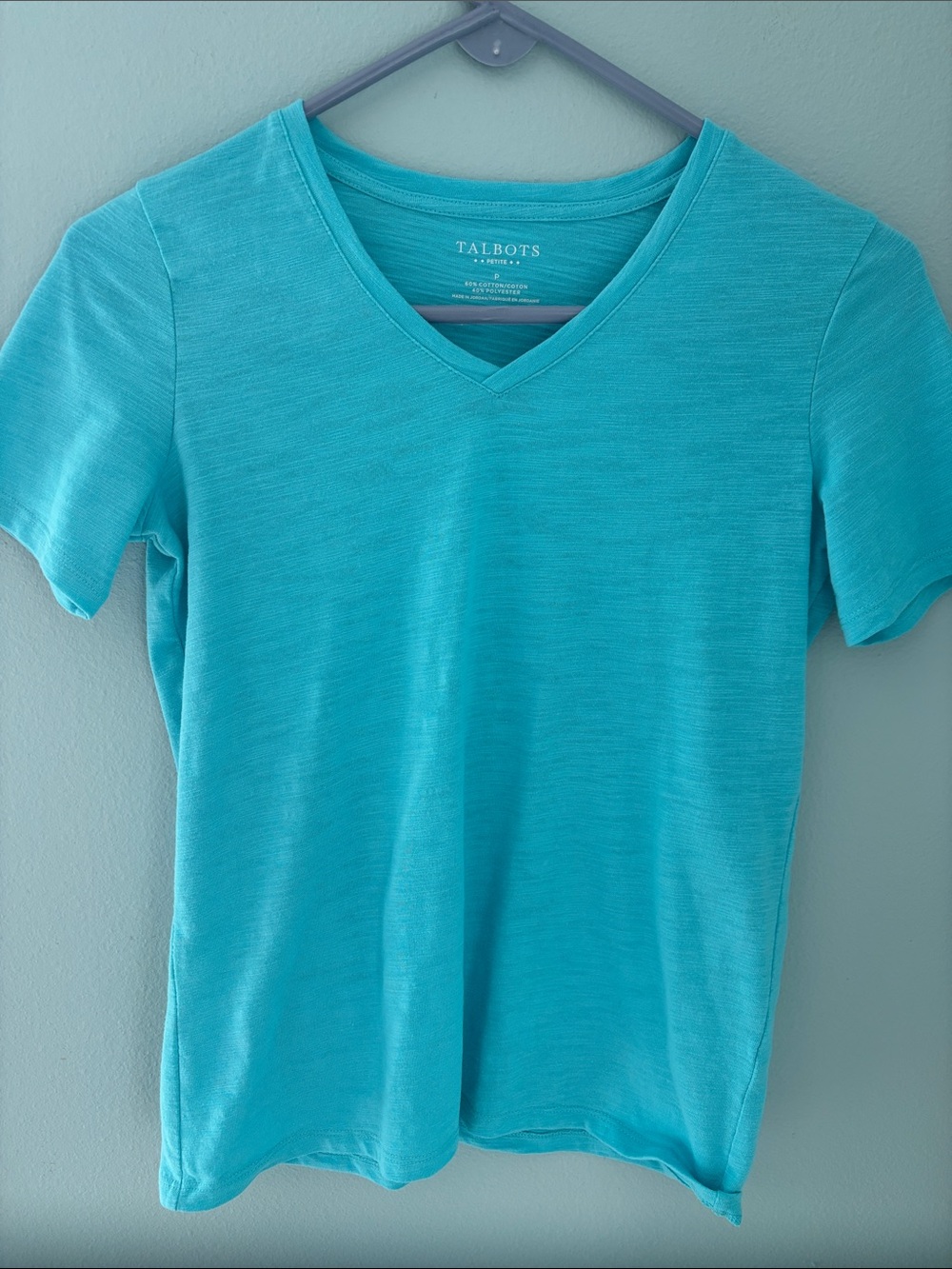 Talbots women’s Short Sleeve V-Neck Shirt - Turquoise Blue Petite